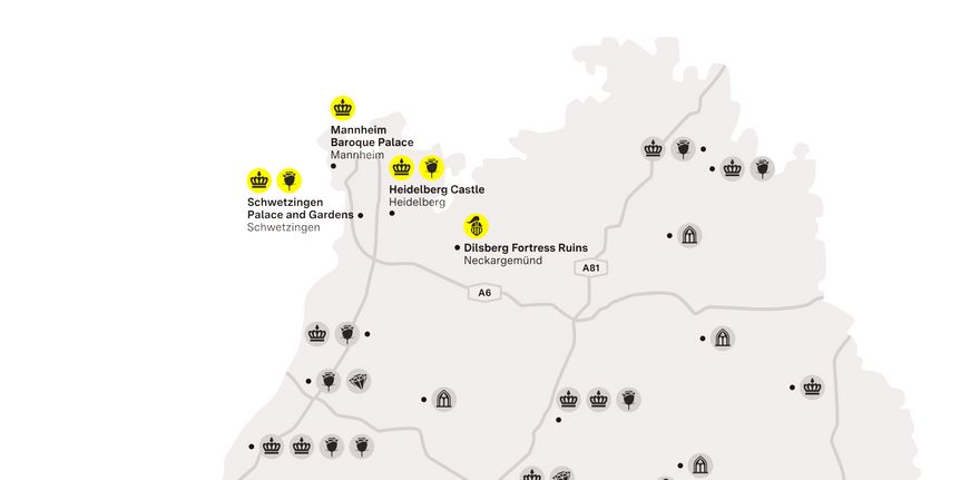 Illustration: Staatliche Schlösser und Gärten Baden-Württemberg, JUNG:Kommunikation GmbH journey map "NEAR BY HEIDELBERG"